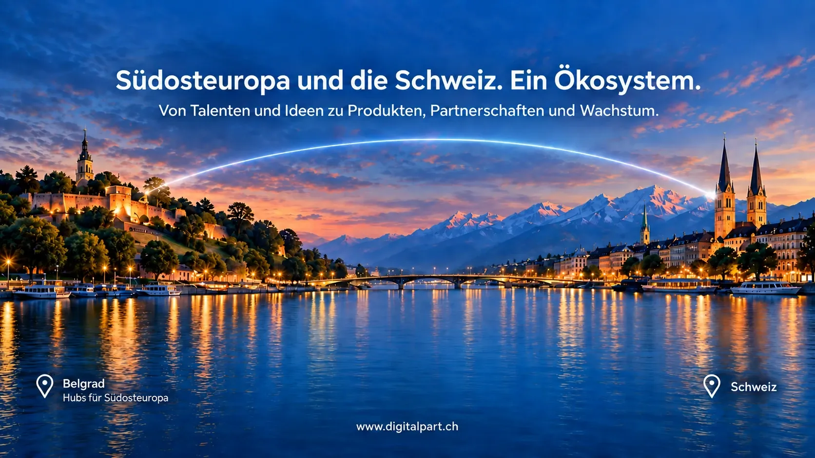 Belgrad und eine Schweizer Stadt am See bei Abenddämmerung, verbunden durch einen leuchtenden Bogen — „Südosteuropa und die Schweiz. Ein Ökosystem. Von Talenten und Ideen zu Produkten, Partnerschaften und Wachstum.“ Belgrad: Hubs für Südosteuropa. Schweiz.