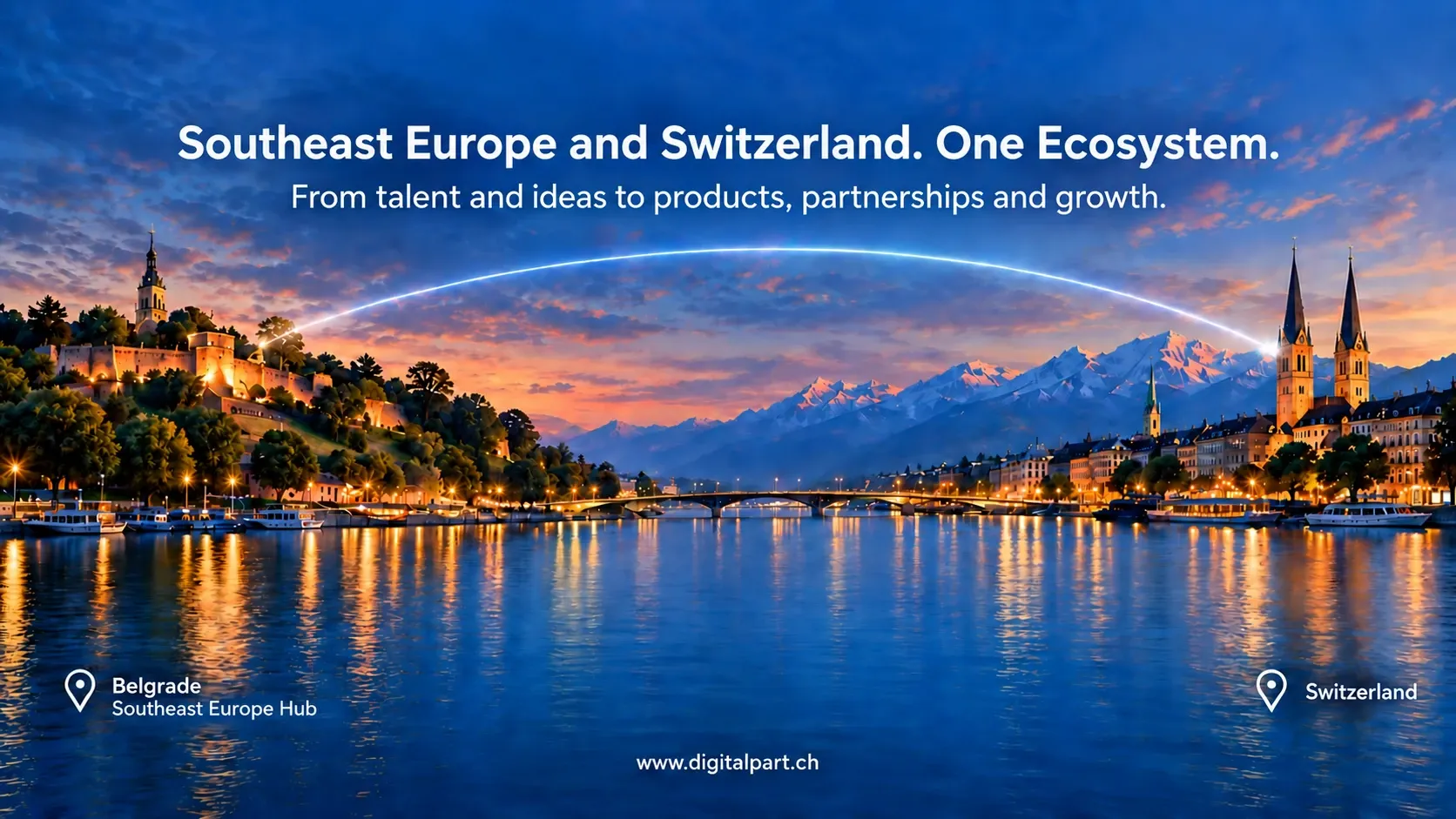 Belgrade and a Swiss lakeside city at dusk, connected by a glowing arc — "Southeast Europe and Switzerland. One Ecosystem. From talent and ideas to products, partnerships and growth." Belgrade: Southeast Europe Hub. Switzerland.