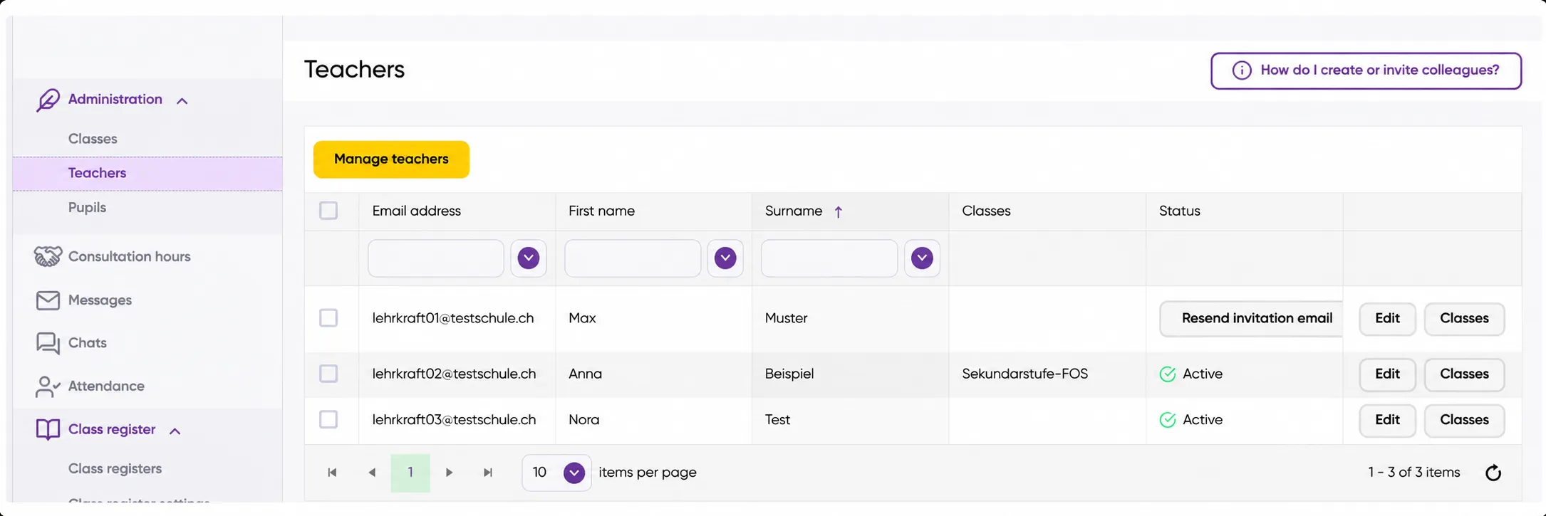 Produktscreenshot der Lehrpersonen-Verwaltung von LearnBird mit einer Liste der Lehrpersonen samt Klassen und Kontostatus, sowie einer Seitenleiste für Klassen, Schüler, Sprechstunden, Nachrichten, Chats, Anwesenheit und das Klassenbuch.
